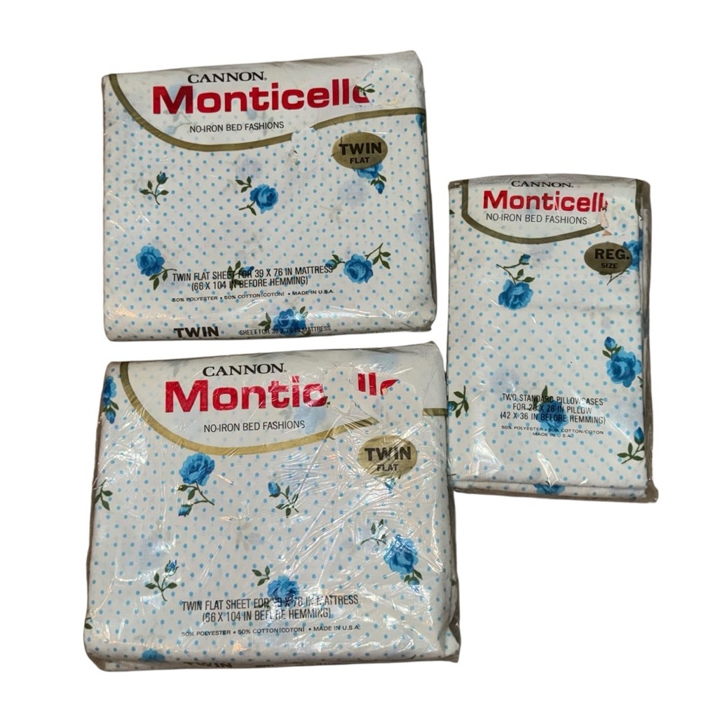 Vintage Cannon Monticello Blue Rose Twin Sheets & Pillowcases